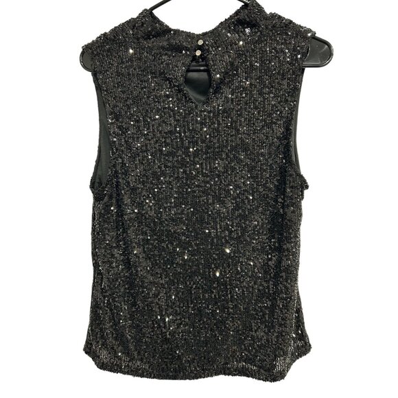 Cable & Gauge Sleeveless Black Sequin Mock Neck Top Size Large Keyhole Back - Picture 2 of 9